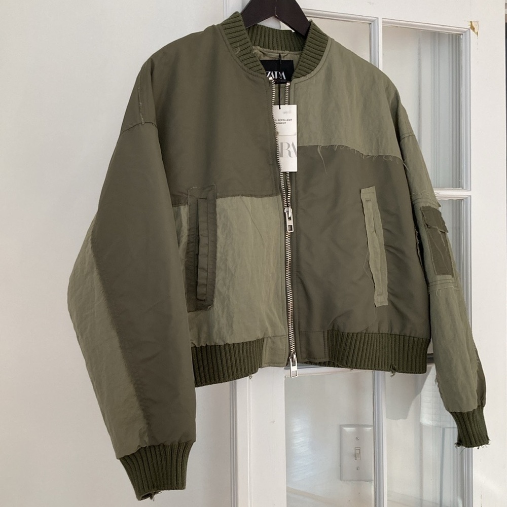 Zara Oversized Water Repellent Combo Fabric Bomber Jacket w/Distressed Hem